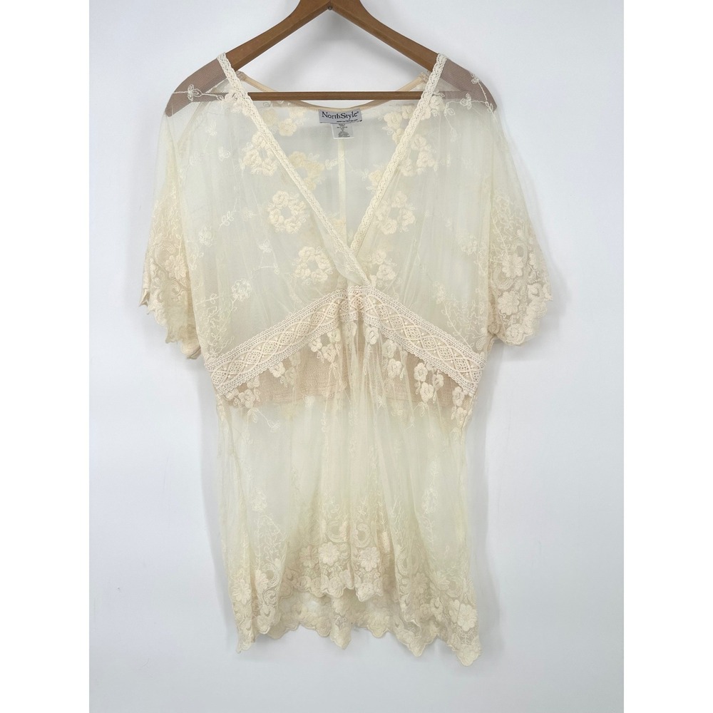 NorthStyle Women XL Ivory Sheer Mesh Lace Tunic Top Boho Romantic Fairy Ethereal